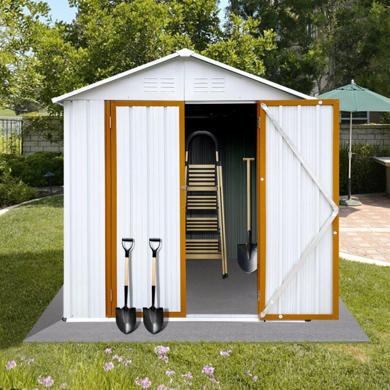 Outdoor Storage Garden Sheds 6FTx4FT Apex Roof Lockable Doors for Backyard White+Yellow - Image 4