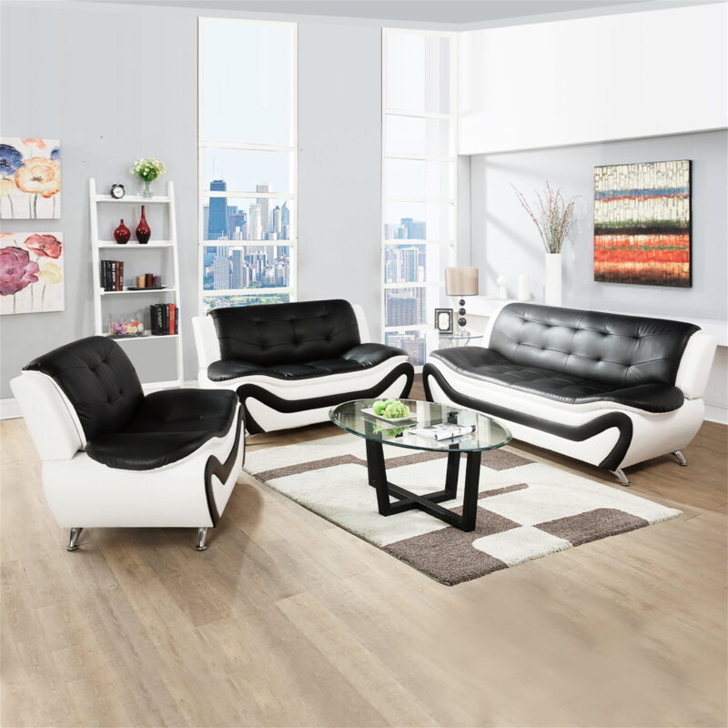 Aukfa 3 Piece Sofa Set - 76.5" Upholstered 3 Seat Sofa Couch for Living Room, Leather, Black&White - Image 4