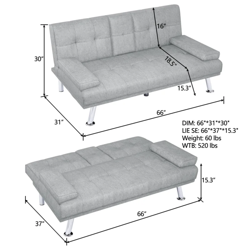 Sofa Bed with Cup Holder Convertible Futon Couches Adjustable Backrest Modern Linen Furniture Upholstery for Living Room - Image 3