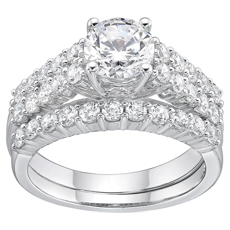 Jay Heart Designs 925 Sterling Silver Simulated White Diamond Round Bridal Engagement Ring Set - Image 2