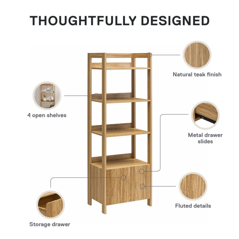 Mainstays 4-Shelf Reeded Bookcase with Drawer, Natural Teak - Image 7
