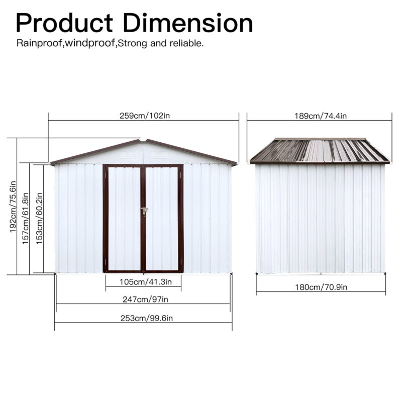Aukfa 8FT x 6FT Outdoor Storage Shed, Metal Garden Shed with Vents, Tool Shed with Door and Padlock for Backyards, Patio Lawns, White - Image 4