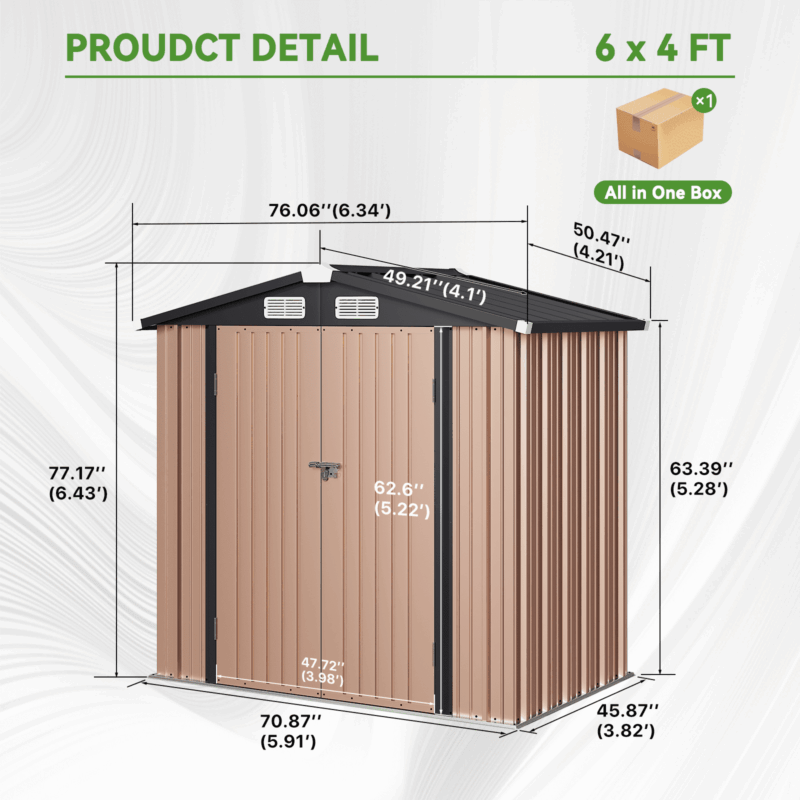 BaPiPro 6 x 4 ft Outdoor Metal Storage Shed with Included Base & Air Vents, Lockable, Brown - Image 3