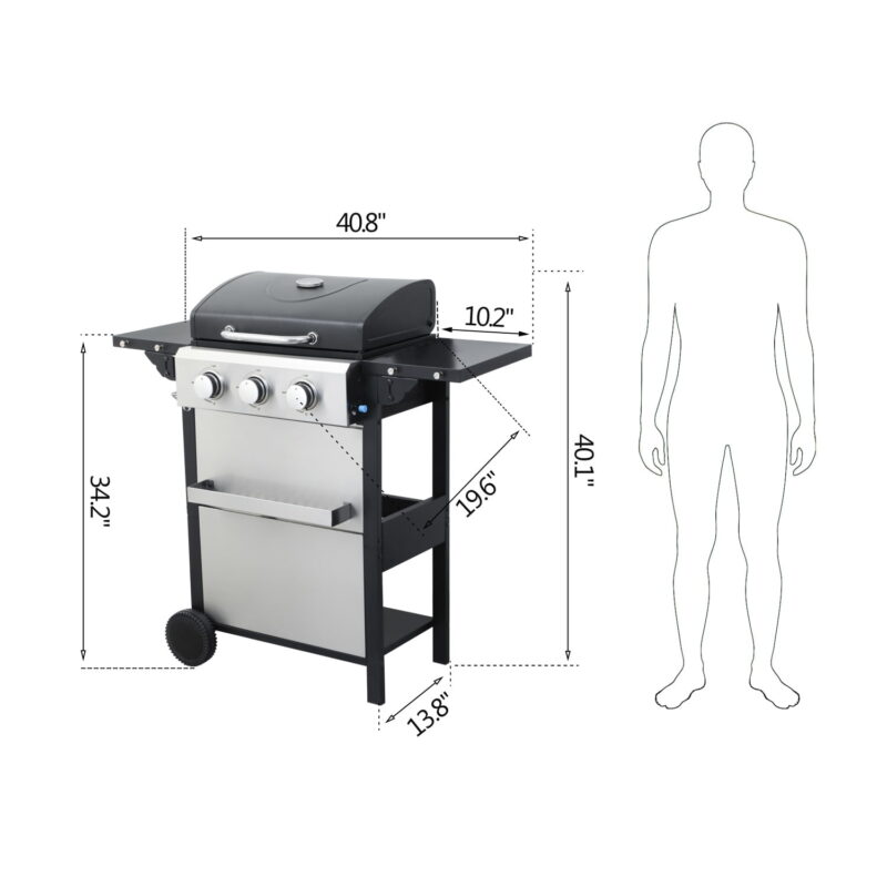 Hommoo 3-Burner Propane Gas BBQ Grill, BBQ Grill with Foldable Side Table and Wire Enamel Cooking Grids, for Outdoor Barbecue - Image 6