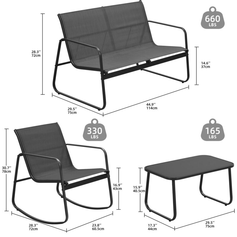 Uforic 4 Pieces Outdoor Furniture Set Patio Textilene Steel Conversation Set, Rocking Bistro Set with Loveseat Glass Table - Black - Image 3