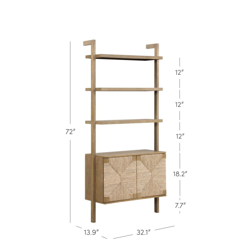Nathan James Beacon 3-Shelf Solid Wood Bookshelf with Storage Cabinet, Bohemian Wall Mounted Shelf with Seagrass Door Fronts - Image 4