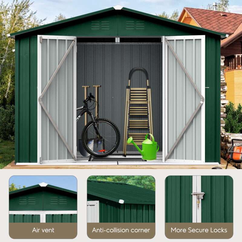 Aukfa 8FT x 6FT Outdoor Storage Shed, Metal Garden Shed with Vents, Tool Shed with Door and Padlock for Backyards, Patio Lawns, Green - Image 2