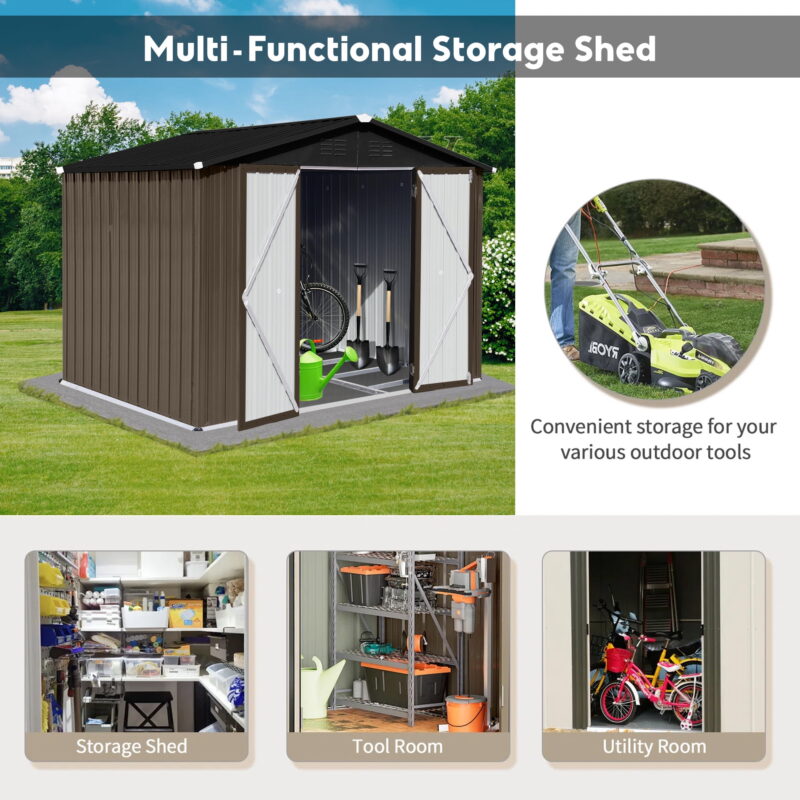Aukfa 8FT x 6FT Outdoor Storage Shed, Metal Garden Shed with Vents, Tool Shed with Door and Padlock for Backyards, Patio Lawns, Brown - Image 3
