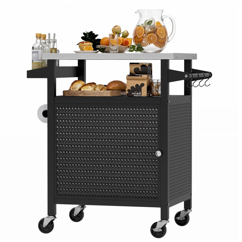Uforic 25 Inch Outdoor Grill Cart with Storage Cabinet, Stainless Steel Top & Wheels, for Patio Kitchen, Black - Image 7