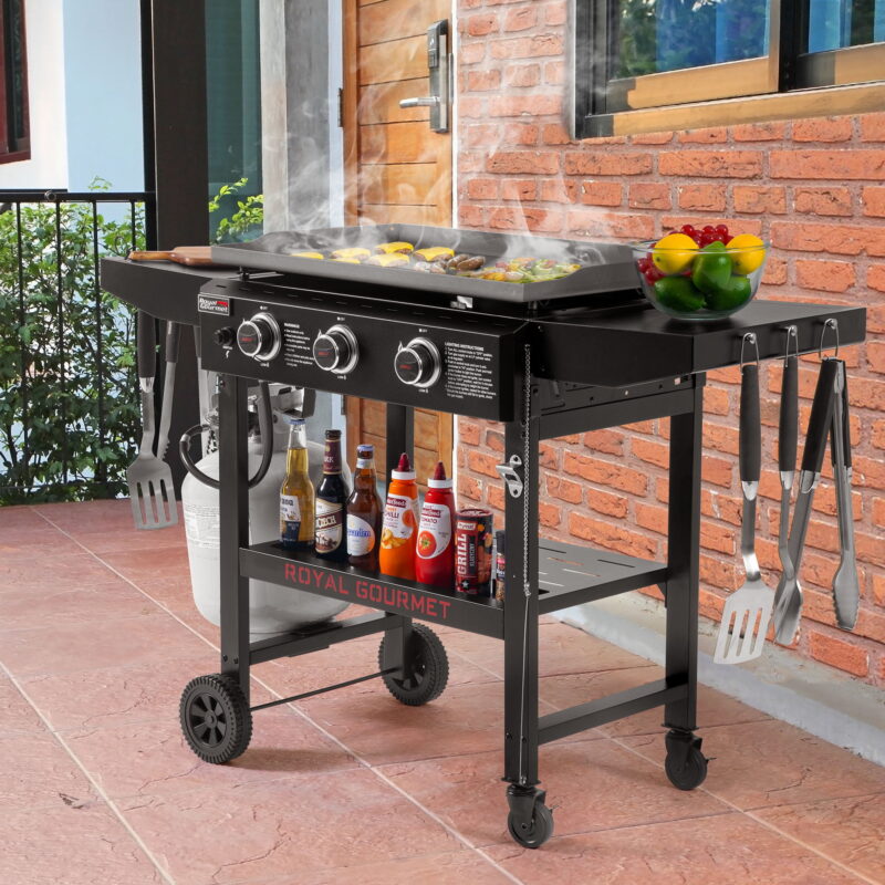 Royal Gourmet GB3000H 28-Inch 3-Burner Gas Griddle in Black, Griddle with Collapsible Side Shelves, 39,000 BTU - Image 2