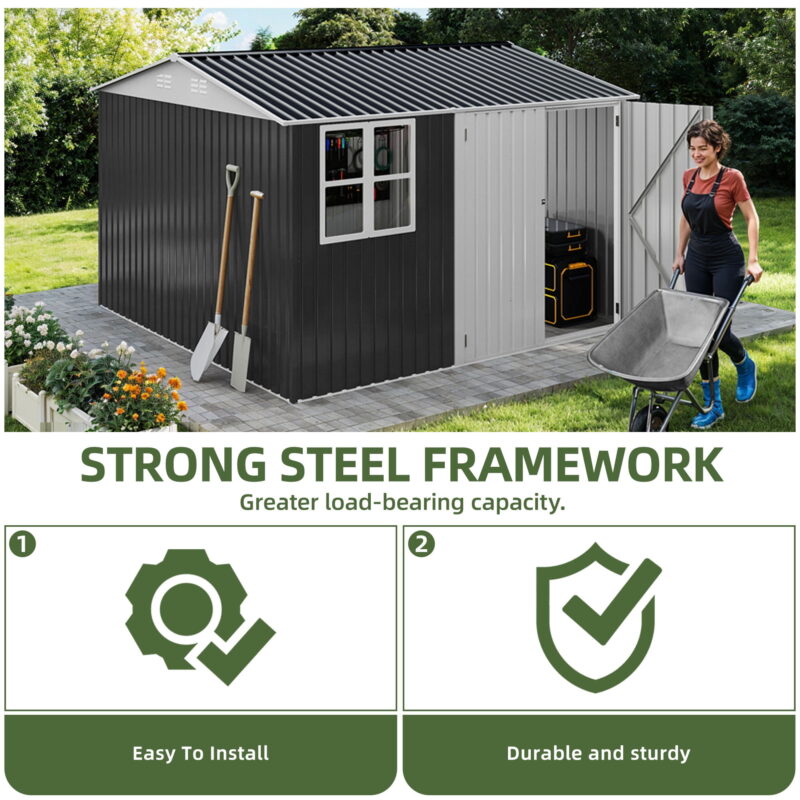 Uforic 10x10ft Storage Shed with Windows, Lockable Doors & Sloped Roof,Large Gray Metal Garden Shed for Patio,Backyard,Garage,and Lawn - Image 3
