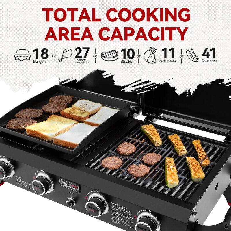 Royal Gourmet GD4002TP Portable Tabletop Grill & Griddle Combo with Hood,4-Burner Portable Gas Grill for Backyard, Camping, Black - Image 4