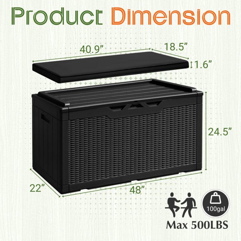 Vineego Classic Outdoor 100 Gallon Resin Deck Box with Cushions, Lockable Storage Container, Black - Image 4