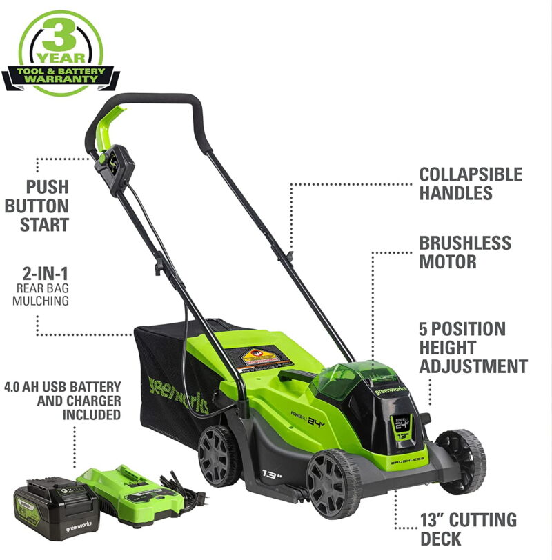 Greenworks 24V 13” Battery Powered Push Walk-Behind Mower, 4Ah USB Battery and Charger Included - Image 6