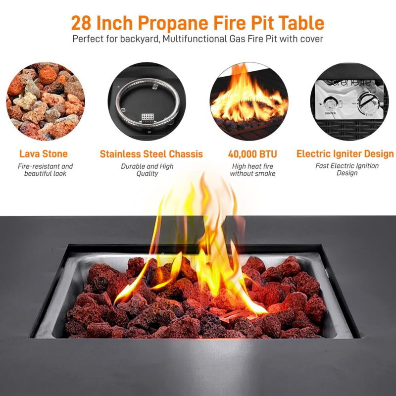 SereneLife 40,000 BTU Propane Gas Ignition Patio Fire Pit Table w/ Cover - Image 4