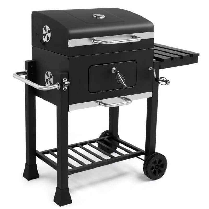 Heavy-Duty Charcoal Grill - Spacious Cooking Area, Height-Adjustable Charcoal Pan, Foldable Side Table & Wheels, for Backyard/Gatherings - Image 3