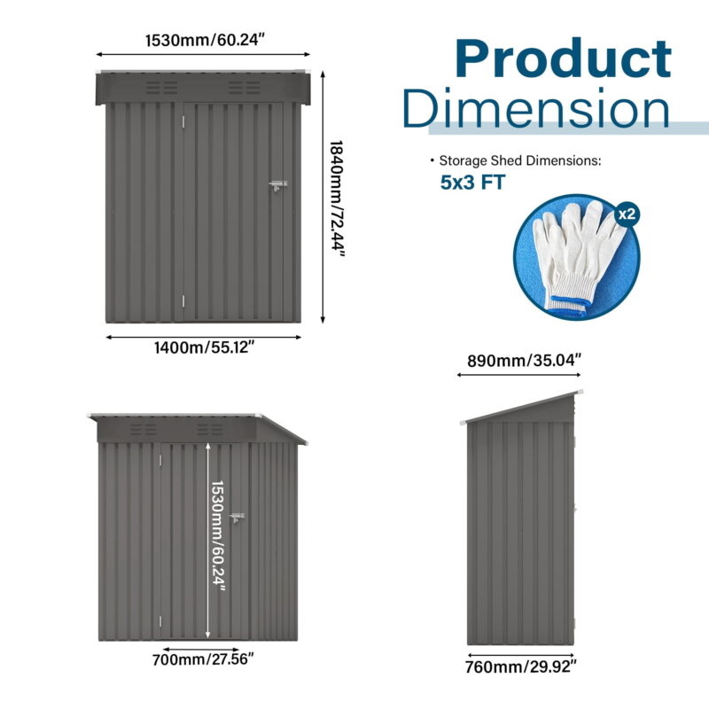 AENKYO 5x3 FT Outdoor Metal Storage Shed with Vents, Waterproof Steel Tool Shed for Garden, Patio, or Backyard, Dark Gray - Image 2