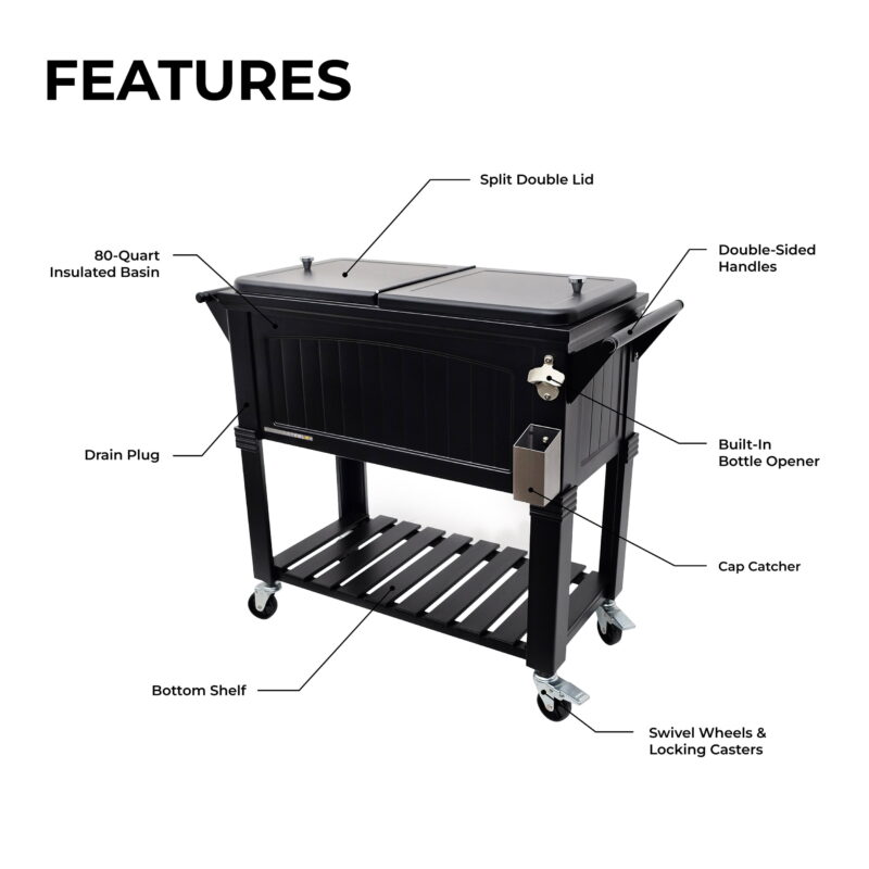 Permasteel 80-Qt Antique Outdoor Steel Patio Cooler on Wheels, Rolling Cooler Cart, Wooden Teak Style, Black - Image 3