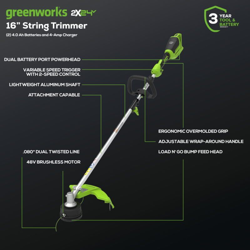 Greenworks 48V (2x24V) 16" Brushless (Attachment Capable) String Trimmer with (2) 4Ah Batteries 2123402 - Image 2