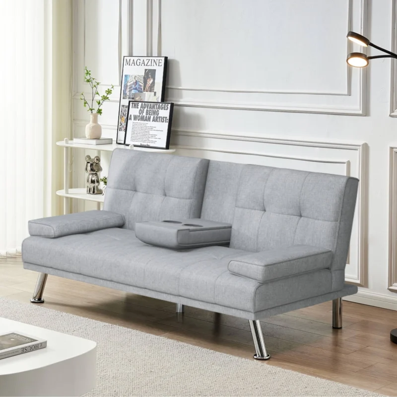 Sofa Bed with Cup Holder Convertible Futon Couches Adjustable Backrest Modern Linen Furniture Upholstery for Living Room - Image 2