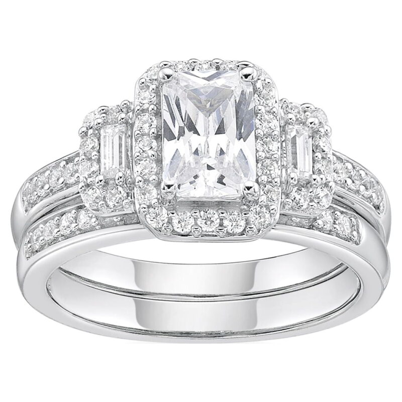 Jay Heart Designs 925 Sterling Silver Emerald Cut Simulated White Diamond Bridal Engagement Ring Set - Image 2