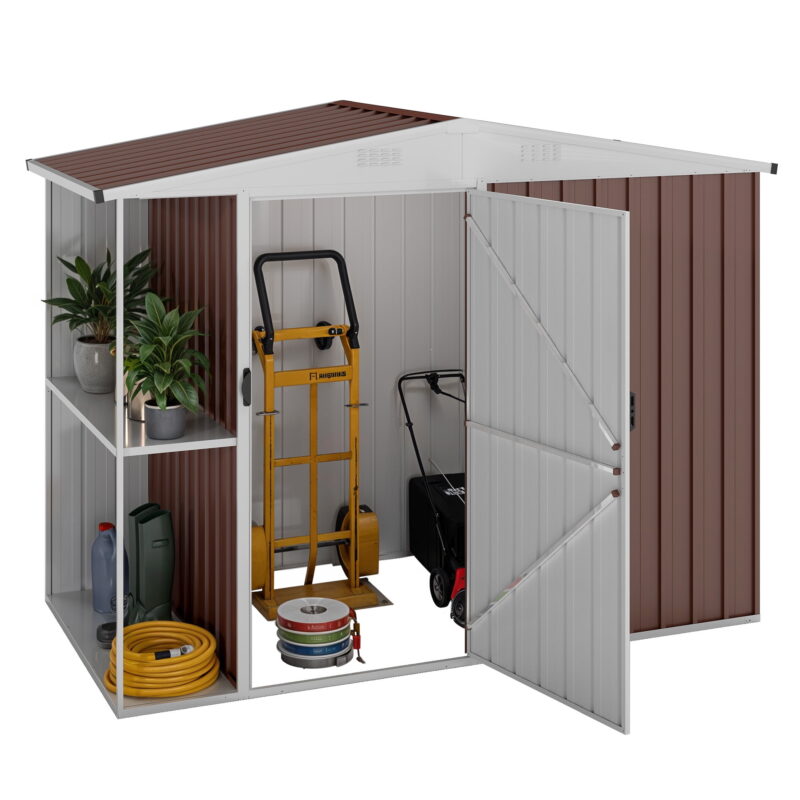 Uforic 8x4 FT Outdoor Metal Storage Shed with Shelves, Lockable Tool Cabinet for Garden (Brown) - Image 5