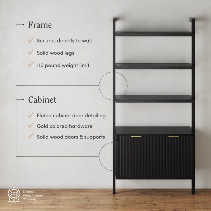 Nathan James Jasper 3-Shelf Solid Wood Boho Bookshelf, Wall Mounted Bookshelf with Cabinet with Fluted Doors, Black Oak - Image 5