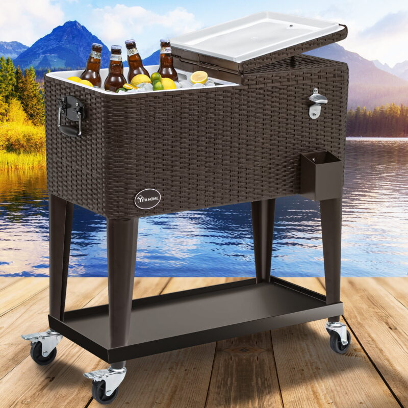 Uforic 80 Quart Rolling Ice Chest Cooler Cart,Outdoor Portable Beverage Cart, with Bottle Opener, Storage Shelf & Drain, Brown - Image 3