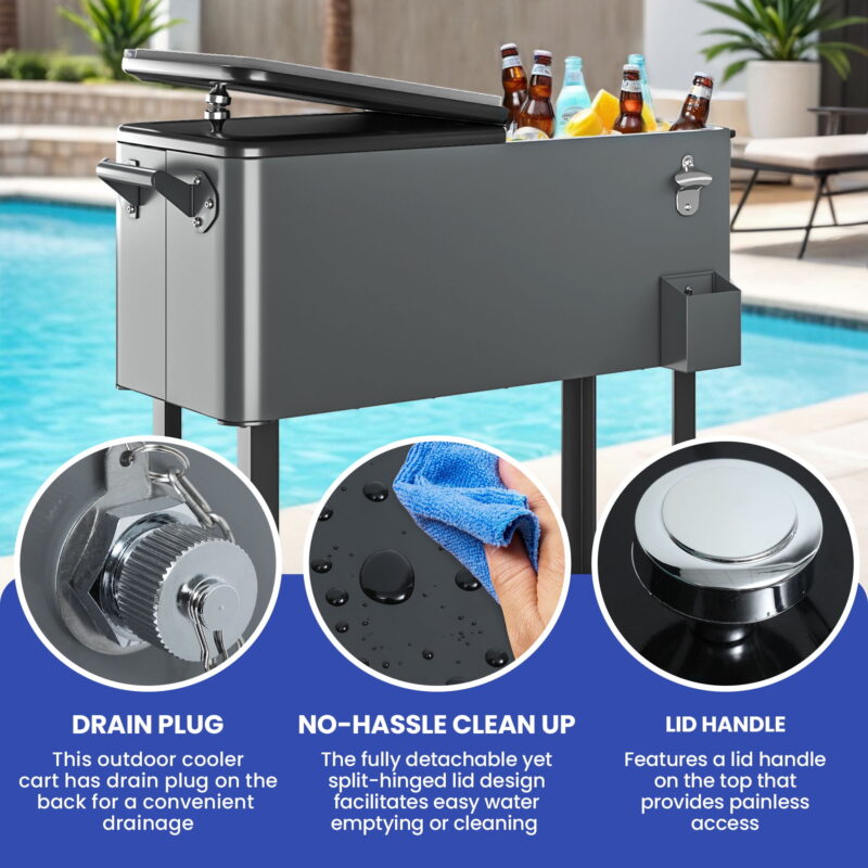 Uforic 80 Quart Rolling Ice Chest Cooler Cart,Outdoor Portable Beverage Cart, with Bottle Opener, Storage Shelf & Drain, Gray - Image 7