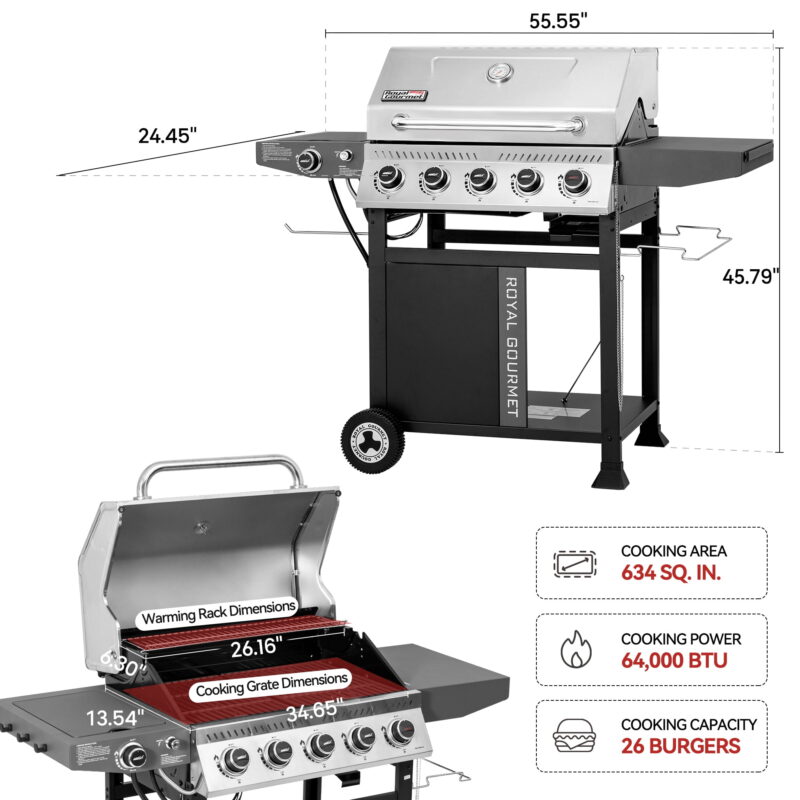 Royal Gourmet GA5406TS 5-Burner Gas Grill with Side Burner and Sear Burner,Cart Style Gas Grill with Side Shelf for Patio Garden Picnic Backyard Cooking, Silver & Black - Image 6