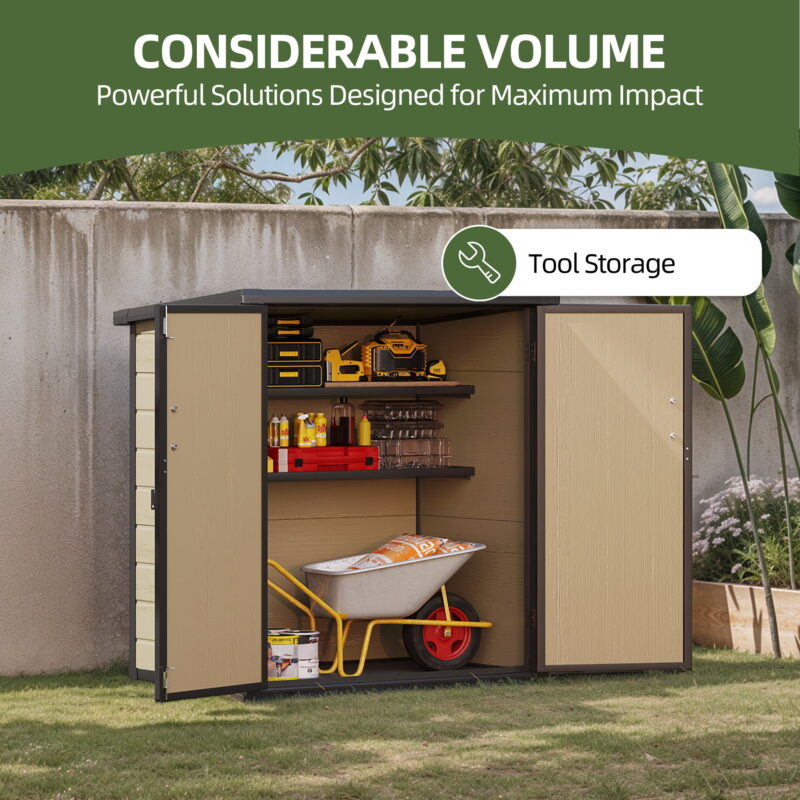 Uforic 51 Cu Ft Outdoor Vertical Storage Shed with Floor & 2 Shelves, Waterproof, Lockable (Brown) - Image 3