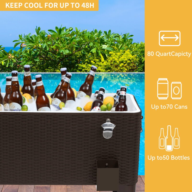 Uforic 80 Quart Rolling Ice Chest Cooler Cart,Outdoor Portable Beverage Cart, with Bottle Opener, Storage Shelf & Drain, Brown - Image 4