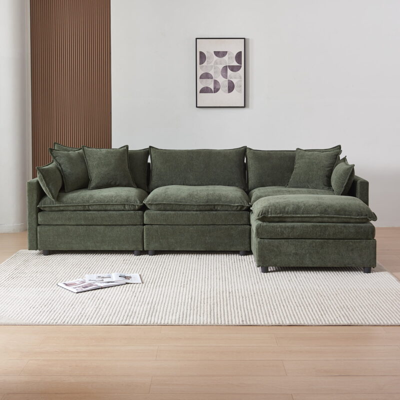 MAYEERTY Modular L-Shaped Sectional Sofa with Ottoman, Chenille Fabric Sofa Couch, Comfy Upholstered Furniture for Living Room，Green - Image 3