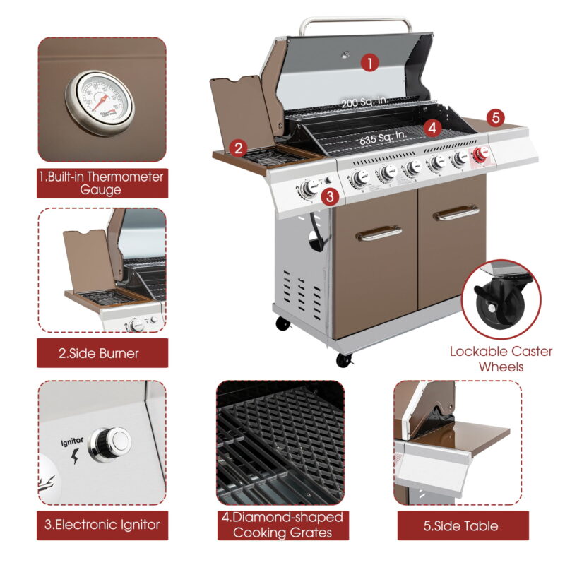 Royal Gourmet 6-Burner GA6402C BBQ Gas Grill with Sear Burner and Side Burner, 74,000 BTU - Image 5