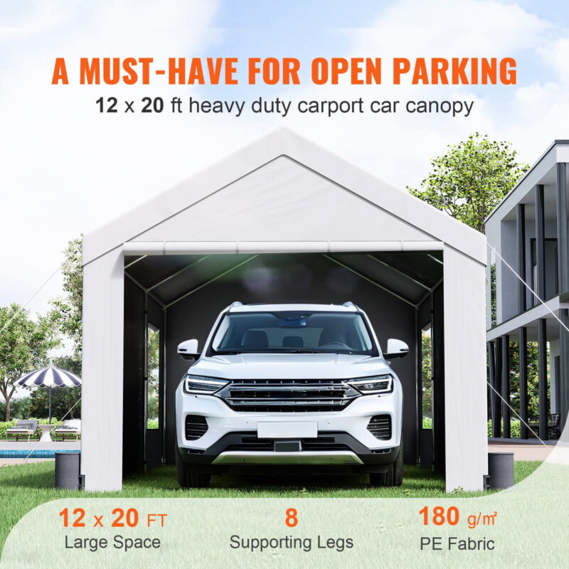 BENTISM Carport Car Canopy Garage Shelter 12x20ft & 8 Legs Sidewalls Windows - Image 2