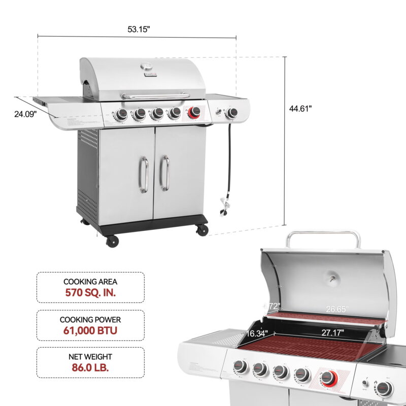 Royal Gourmet SG5002 5-Burner Gas Grill with Sear Burner and Side Burner, Stainless Steel Cabinet Style Gas Grill - Image 3