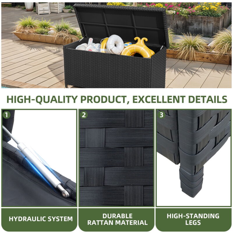 Uforic 260-Gallon Wicker Outdoor Deck Boxes with Waterproof Liner Bag, Rattan Storage Bin, Large Storage Deck Box - Black - Image 6