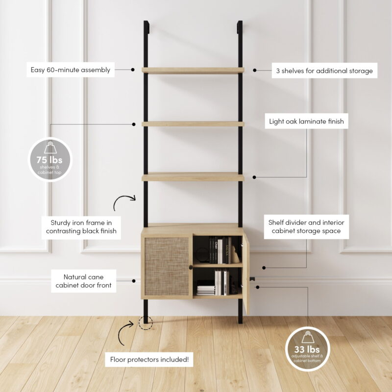 Nathan James Theo Open Shelf Bookcase with Rattan Drawers in Light Oak Wood and Matte Black Frame - Image 3