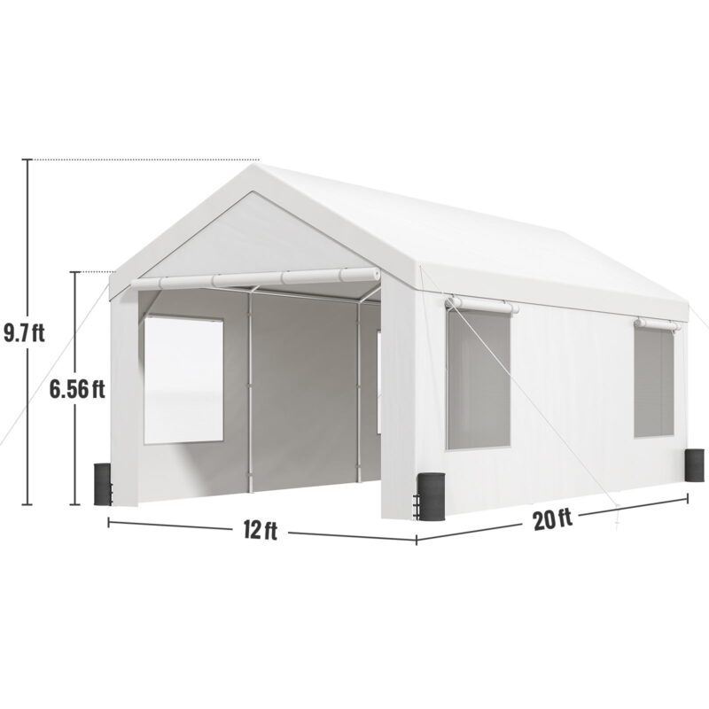 SKYSHALO 12ft x 20ft White Outdoor Car Canopy, Side Wall and UV Resistant - Image 7