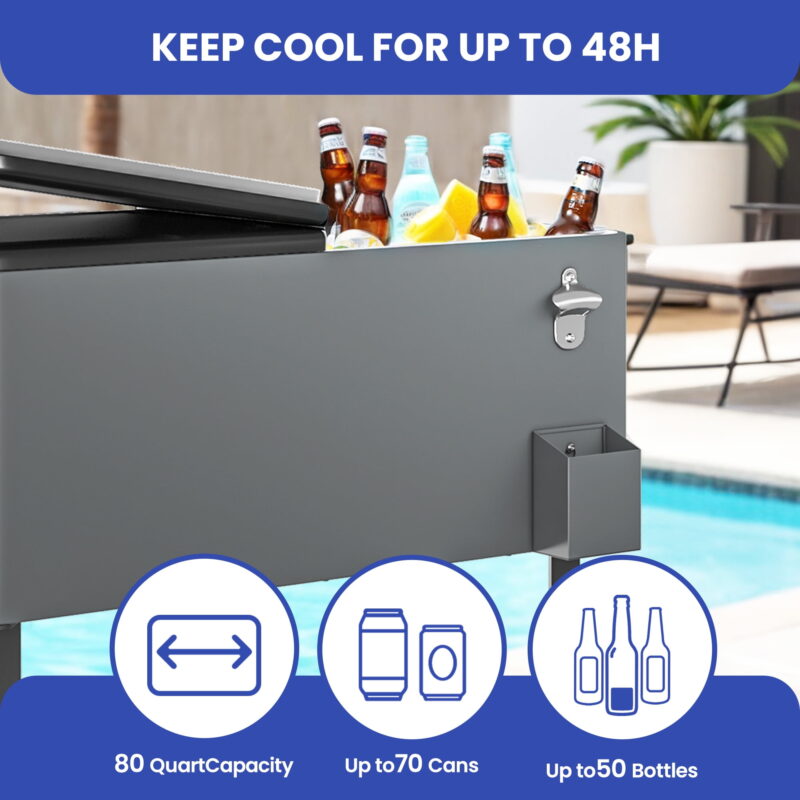 Uforic 80 Quart Rolling Ice Chest Cooler Cart,Outdoor Portable Beverage Cart, with Bottle Opener, Storage Shelf & Drain, Gray - Image 6