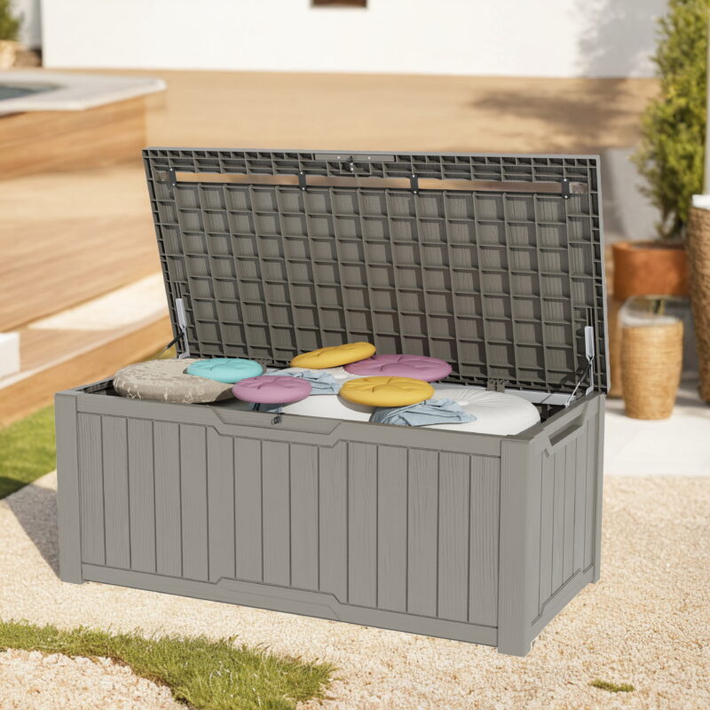 Uforic 100 Gallon Weatherproof Resin Deck Box, Lockable Outdoor Storage Solution in Light Brown - Image 4