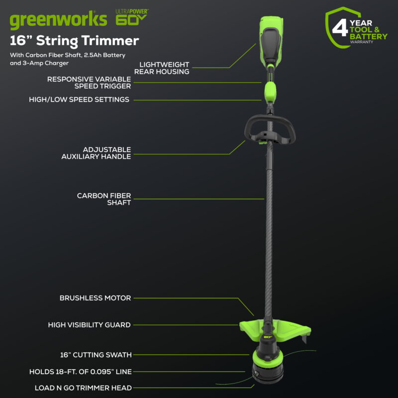 Greenworks 60V 16" Carbon Fiber Shaft String Trimmer with (1) 2.5 Ah Battery & 3A Charger 2136502 - Image 2