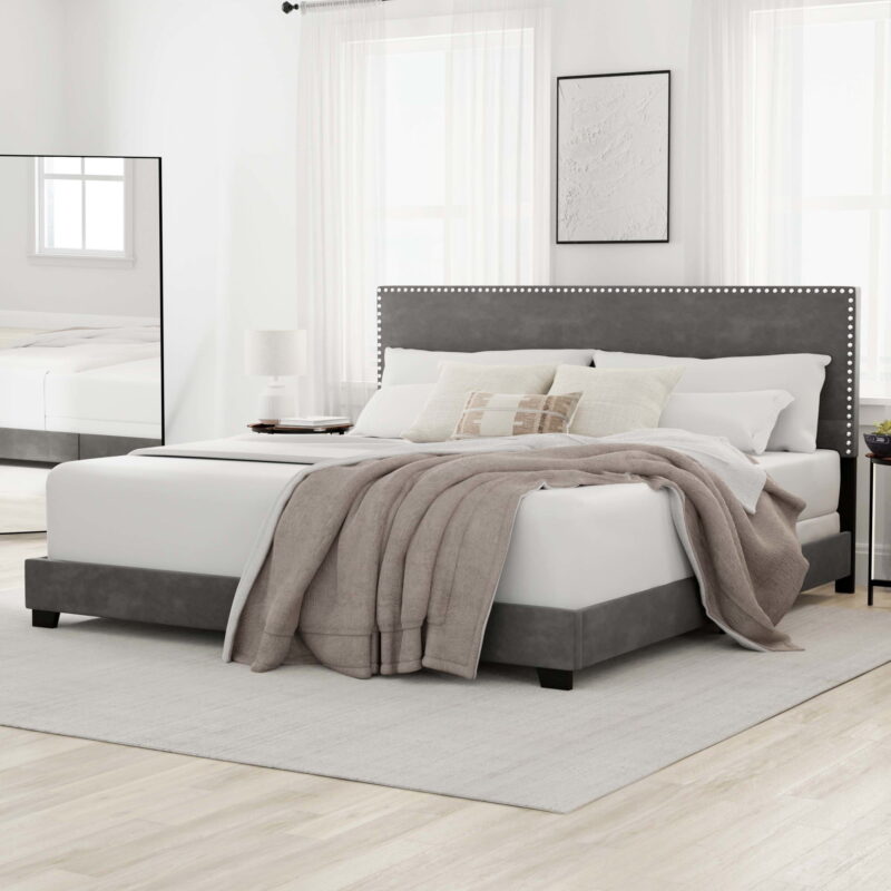 Willow Nailhead Trim Upholstered King Bed, Charcoal Faux Leather - Image 5