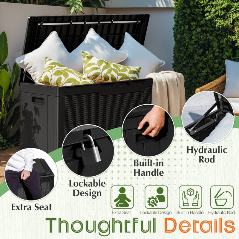 Vineego Classic Outdoor 100 Gallon Resin Deck Box with Cushions, Lockable Storage Container, Black - Image 6