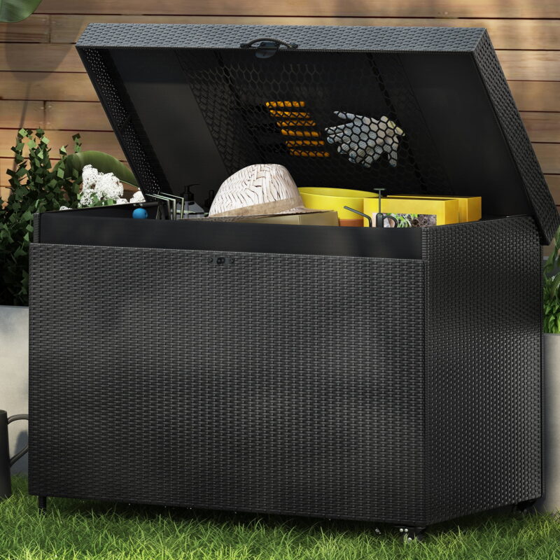 Euroco Wicker Deck Box with Wheels, All-Weather Outdoor Storage Bin for Patio Furniture, Outdoor Cushions, Pool Storage, and Garden Tools - Image 3