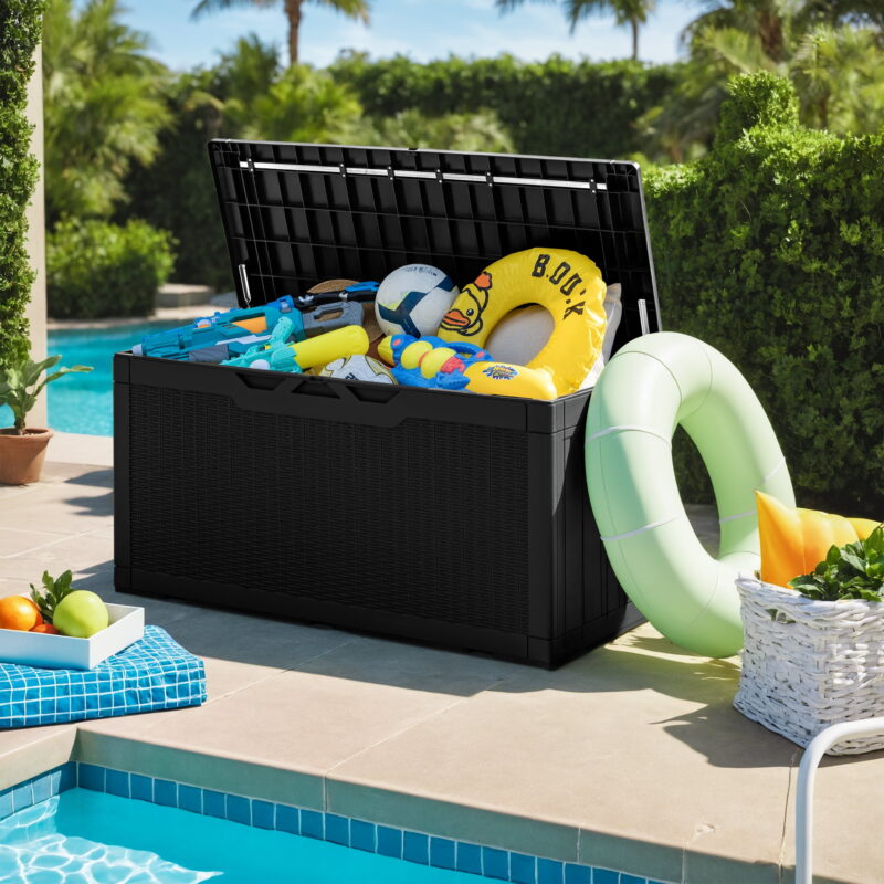 Vineego Classic Outdoor 100 Gallon Resin Deck Box with Cushions, Lockable Storage Container, Black - Image 5