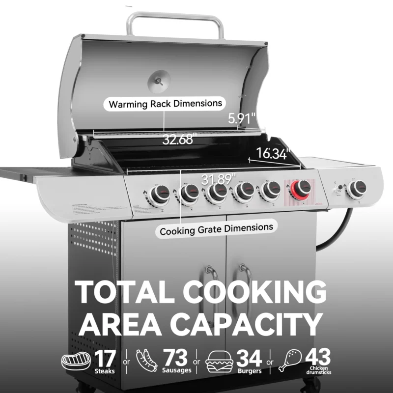 Royal Gourmet SG6002 Classic 6-Burner 71000-BTU LP Gas Grill with Sear Burner and Side Burner, Stainless Steel - Image 2