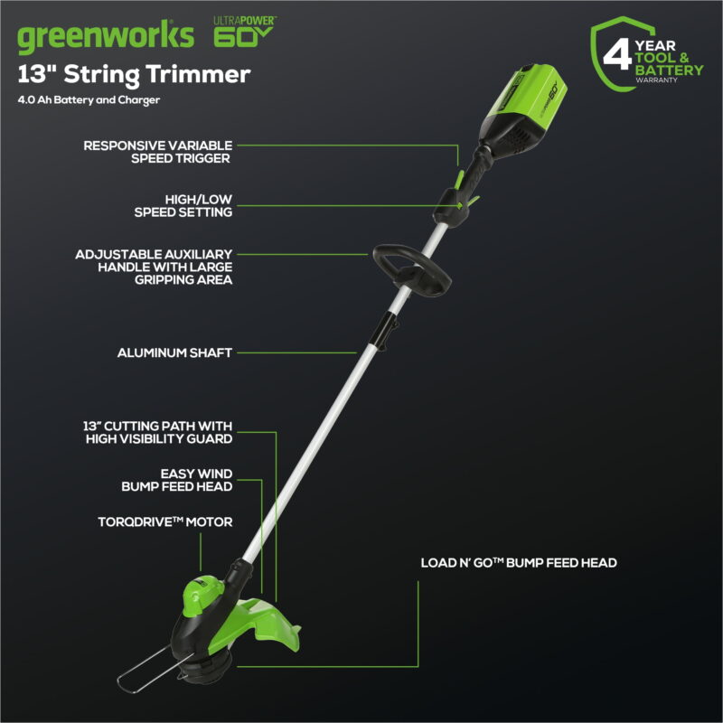 Greenworks 60V 13" String Trimmer, 140 MPH 540 CFM Leaf Blower Combo + 4Ah Battery & Charger 1303302 - Image 3