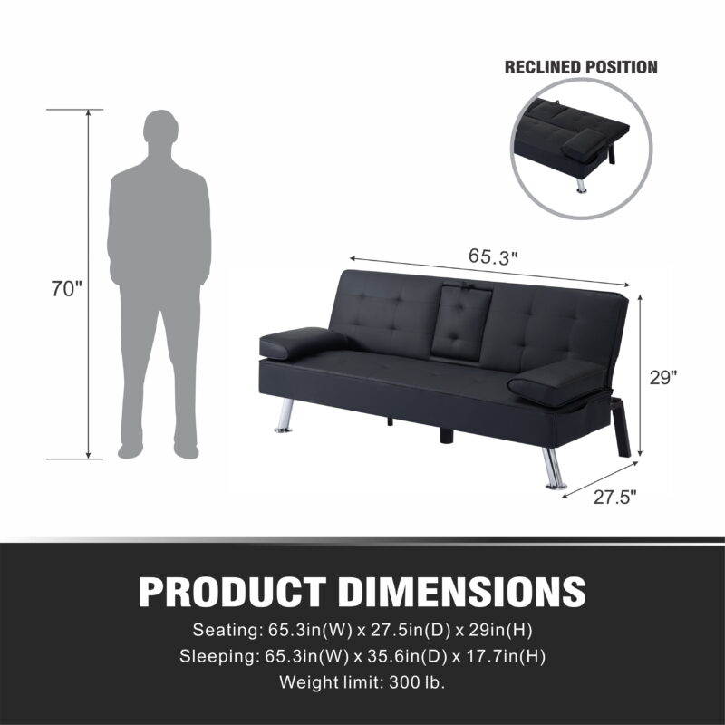 Gewnee Modern Futon Sleeper Sofa Bed Convertible Folding Recliner Couch Furniture with 2 Cup Holders for Livin g Room - Image 3
