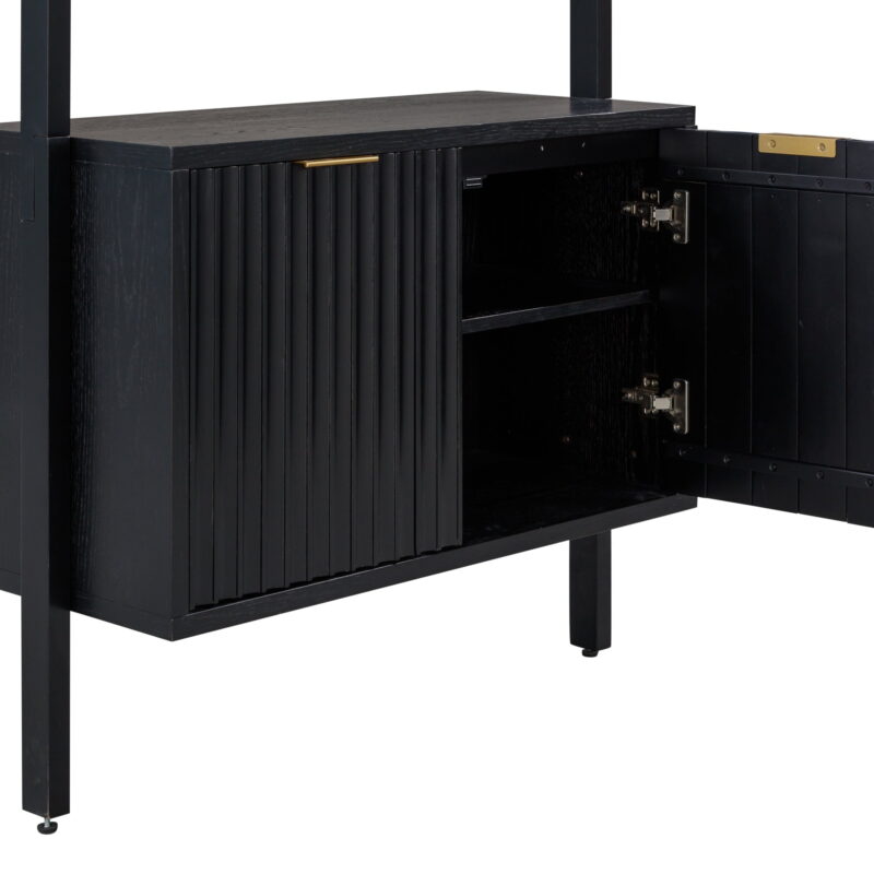 Nathan James Jasper 3-Shelf Solid Wood Boho Bookshelf, Wall Mounted Bookshelf with Cabinet with Fluted Doors, Black Oak - Image 3